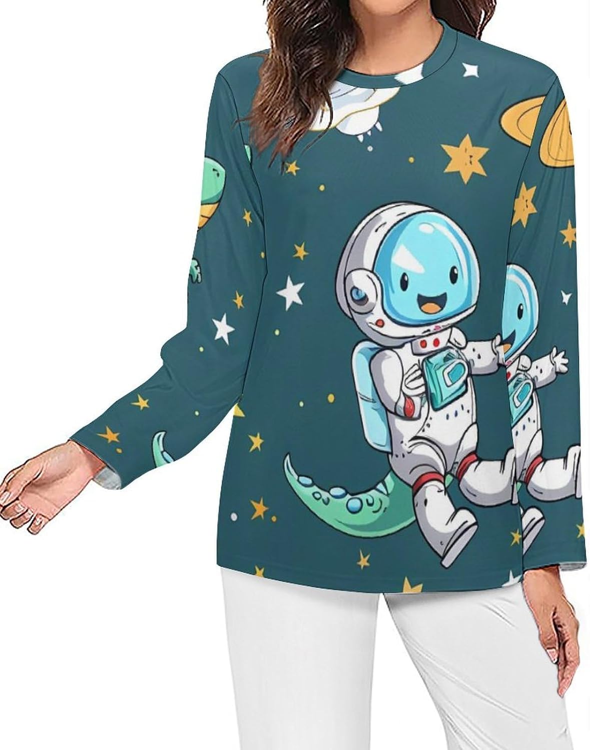 Dinosaur Astronaut Cute Women's Pajama Top Sleepwear Pajamas Sleep T-Shirt Long Sleeve Shirt Crewneck Tee