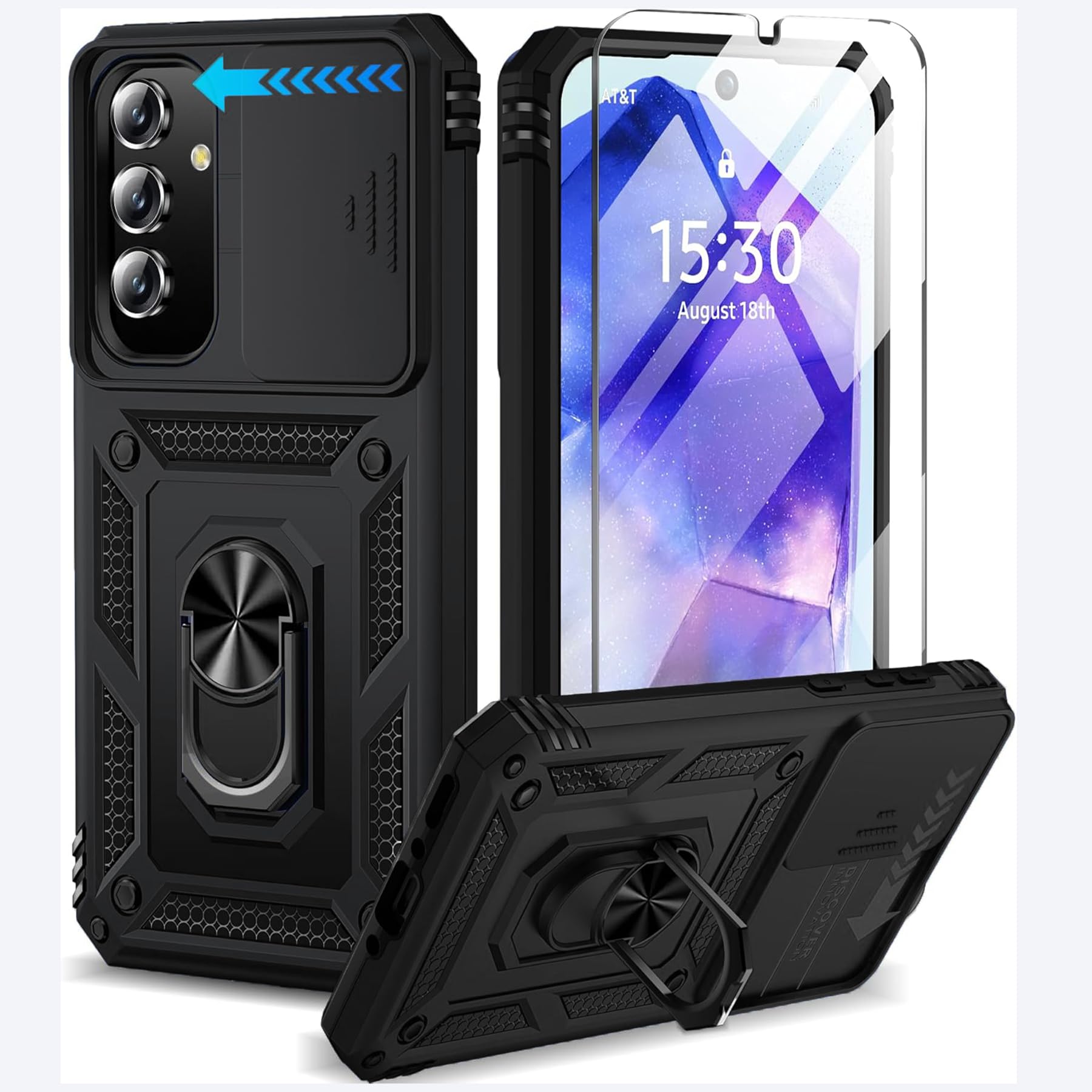 Galaxy S24 Case with Built-in Magnetic Kickstand Ring & Slide Camera Cover Drop Shockproof Heavy Duty Protection Phone Case with Screen Protector and Cleaning Wipe (Black)