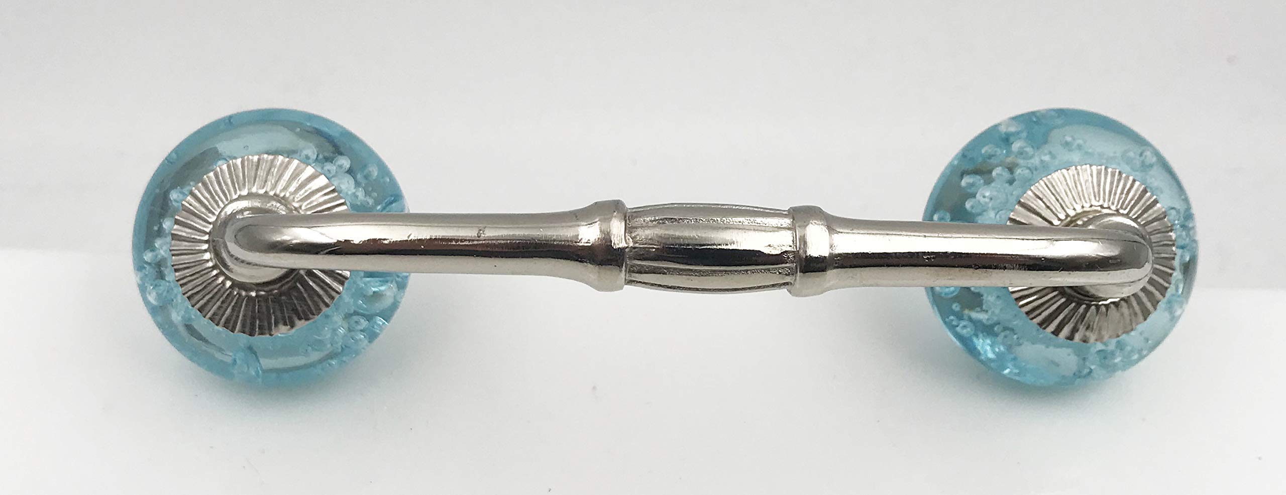 Shabby Restore Aqua Blue Bubble Glass Knobs on Brushed Nickel Metal Handle, 4" Center to Center