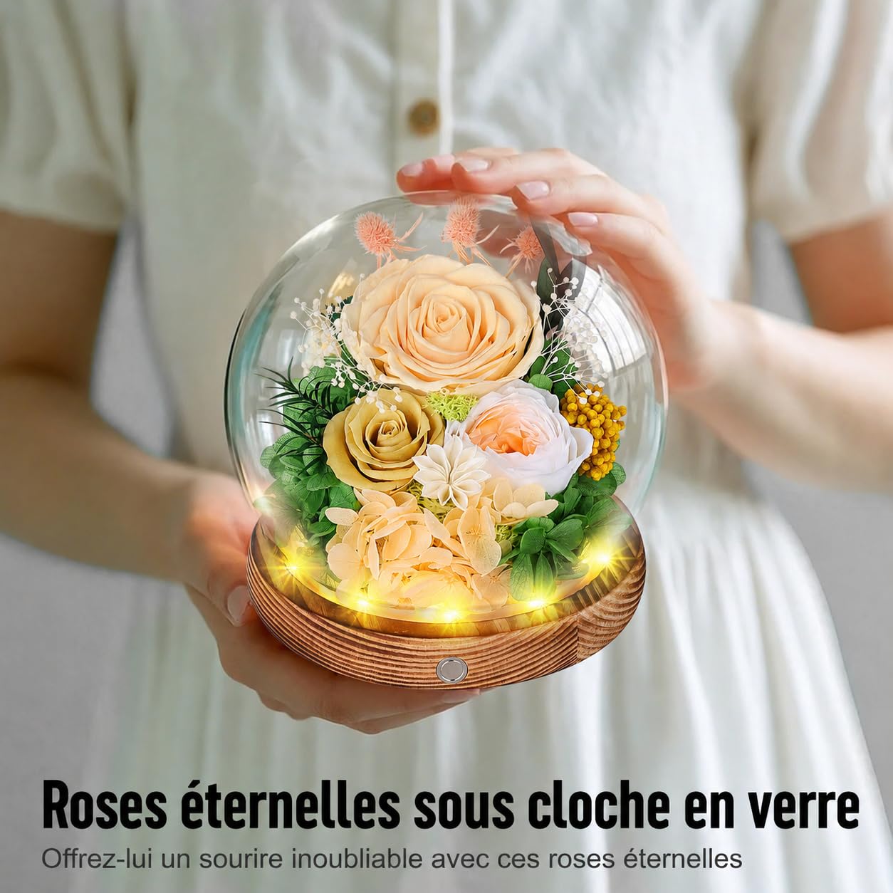 Rose Eternelle sous Cloche avec LED, Fleur Eternelle Cadeau, Boite Rose Eternelle, Cadeau pour Femme, Copine, Amie, Mere, Grand Mere, pour St-Valentin, Anniversaire, Fete des Meres (Champagne)