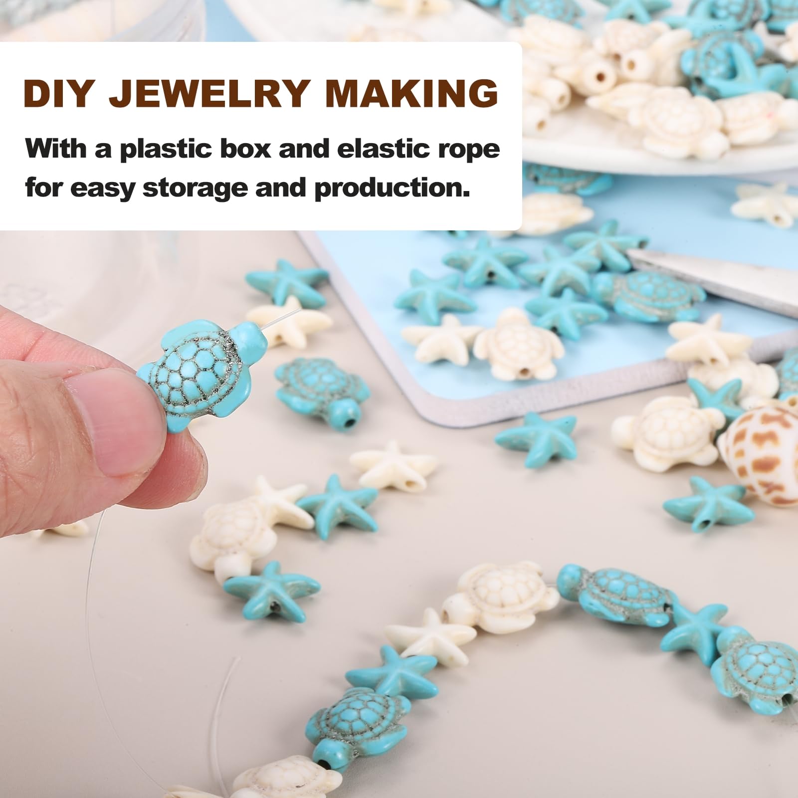 YOKIVE Schildkröten-Seestern-Perlen, 1 mm Loch, 2 Stile, synthetische Türkisperlen, Sommer, Meer, Ozean, Tier-Anhänger mit elastischem Faden und Box, ideal für DIY-Schmuckherstellung, Blau, 200 Stück