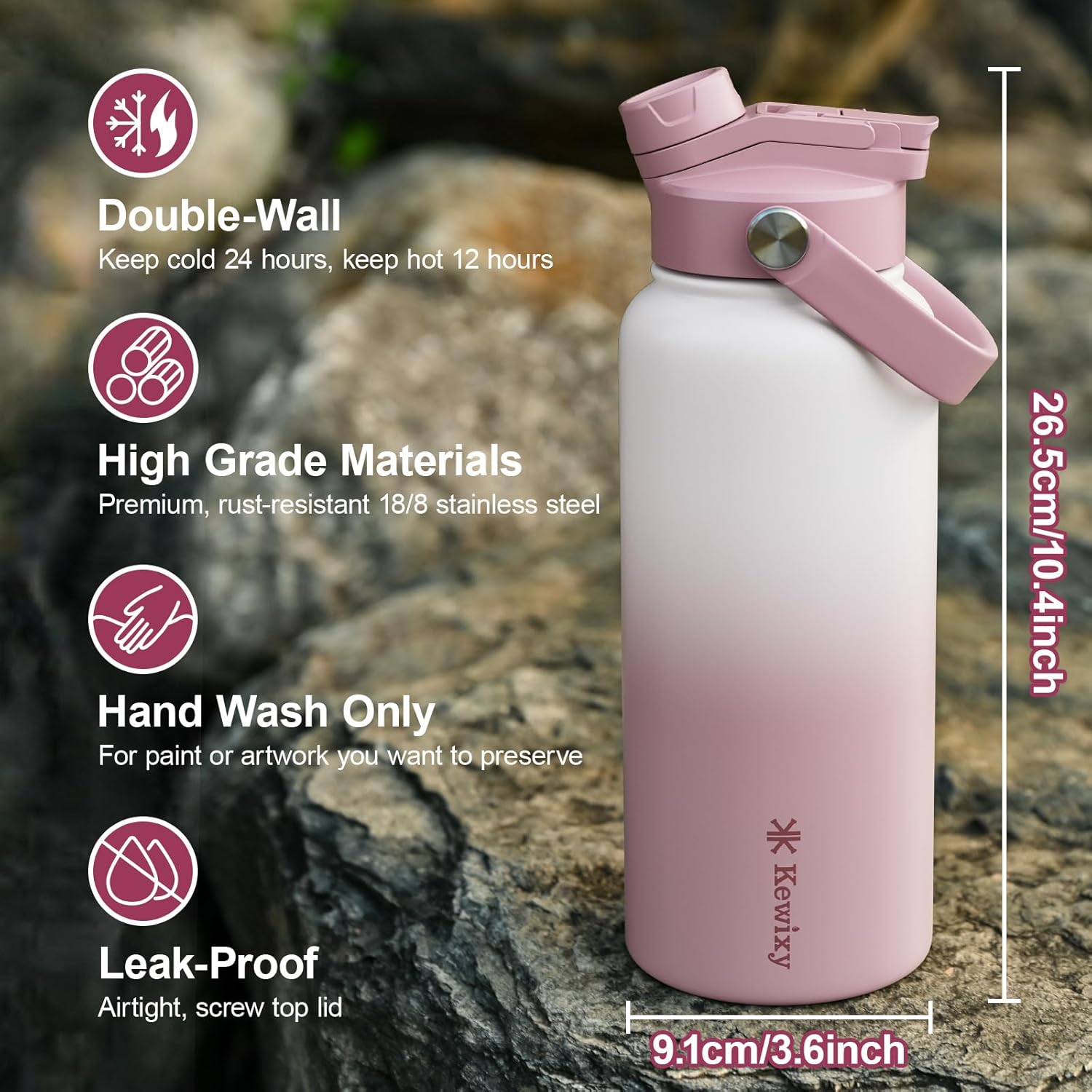 32 oz Insulated Water Bottle, 2-in-1 Lid, Straw & Spout with Protected, Leak Proof, Keep Cold, Stainless Steel, Metal, Reusable, Handle, for Outdoor, Gym and School, 2 Lids, Iced Plum - Image 2