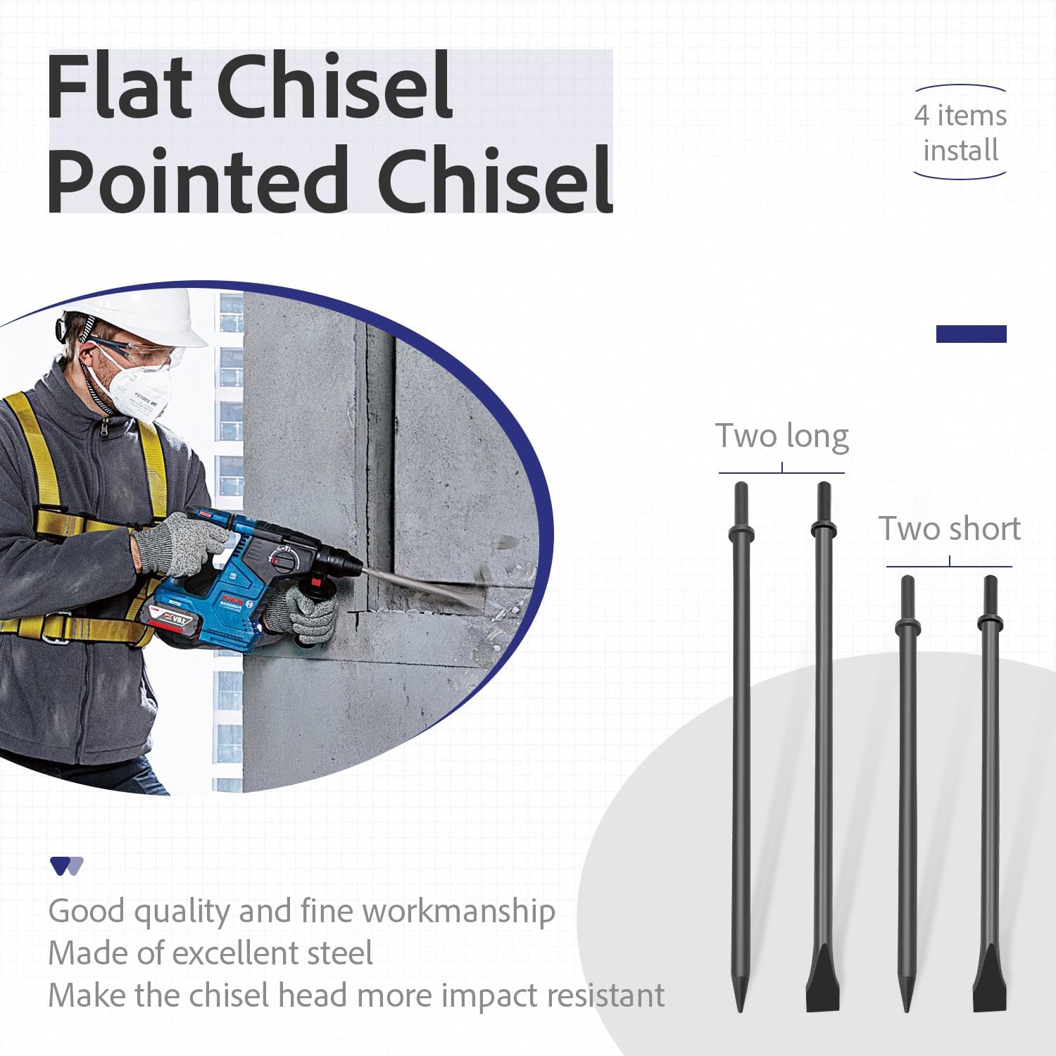 Air Pneumatic Hammer Chisel, 350mm & 450mm Long, Includes Flat and Point Chisels with Round Collar for Concrete and Tile（4pack)