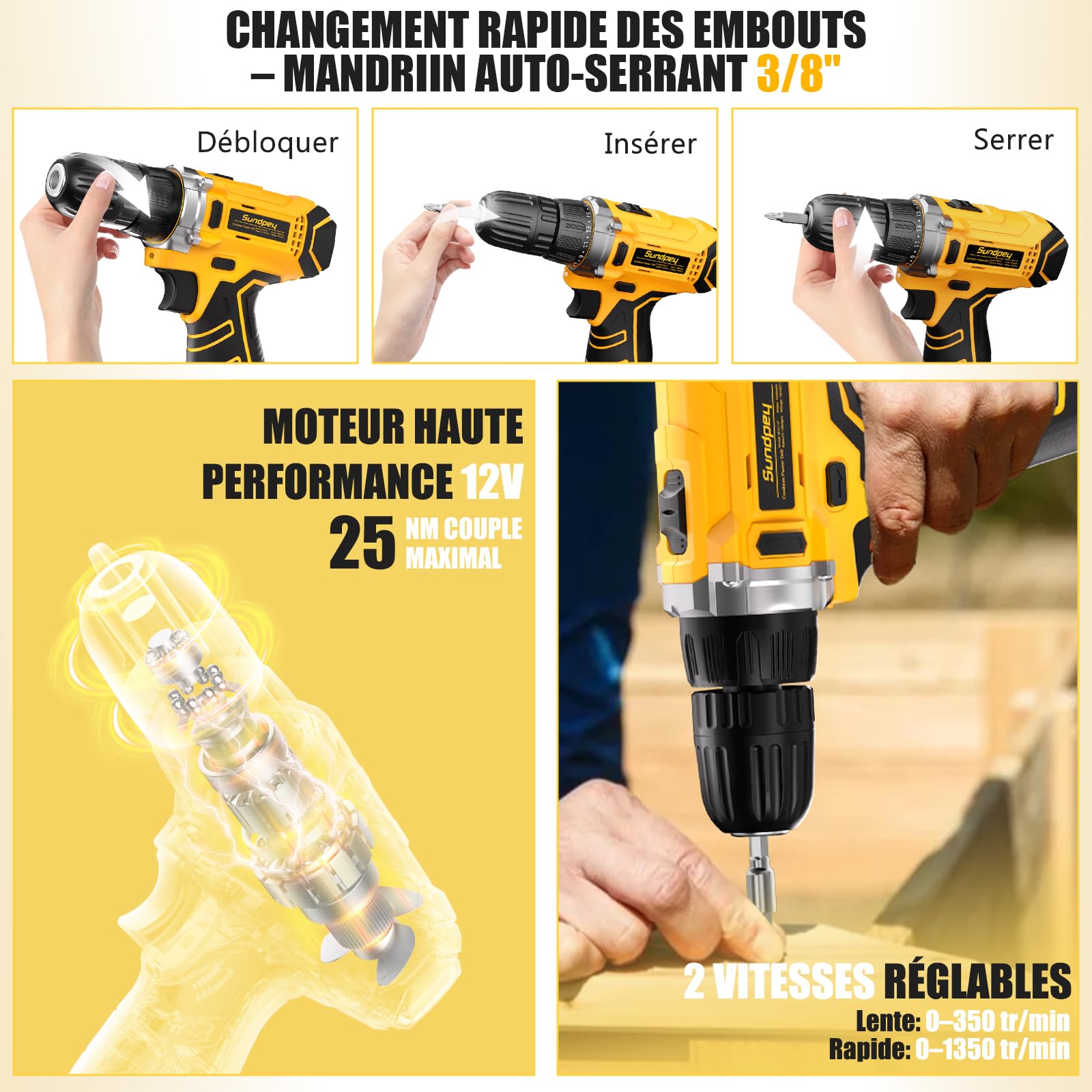 Sundpey Caisse a Outil Complete 166 Pièces avec Perceuse Sans Fil 12V, Trousse Complète avec Batterie, Chargeur, Malette Outils - Kit de Réparation Domicile pour Maison, Appartement, Jardin, Bureau