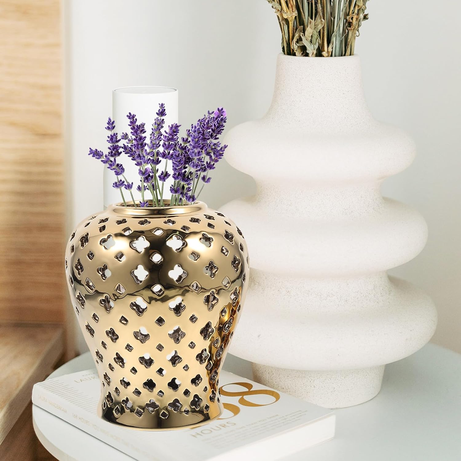 Hollow Out Ceramic Ginger Jar Lid Decorative Flower Vase Cut Out Home and Holiday Storage