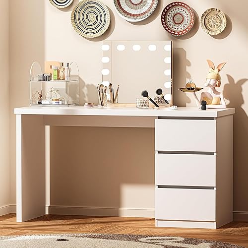 Miniatura 5 de furtble Escritorio blanco con cajones, escritorio de computadora de oficina en casa de 47 pulgadas de ancho, escritorio de tocador moderno con