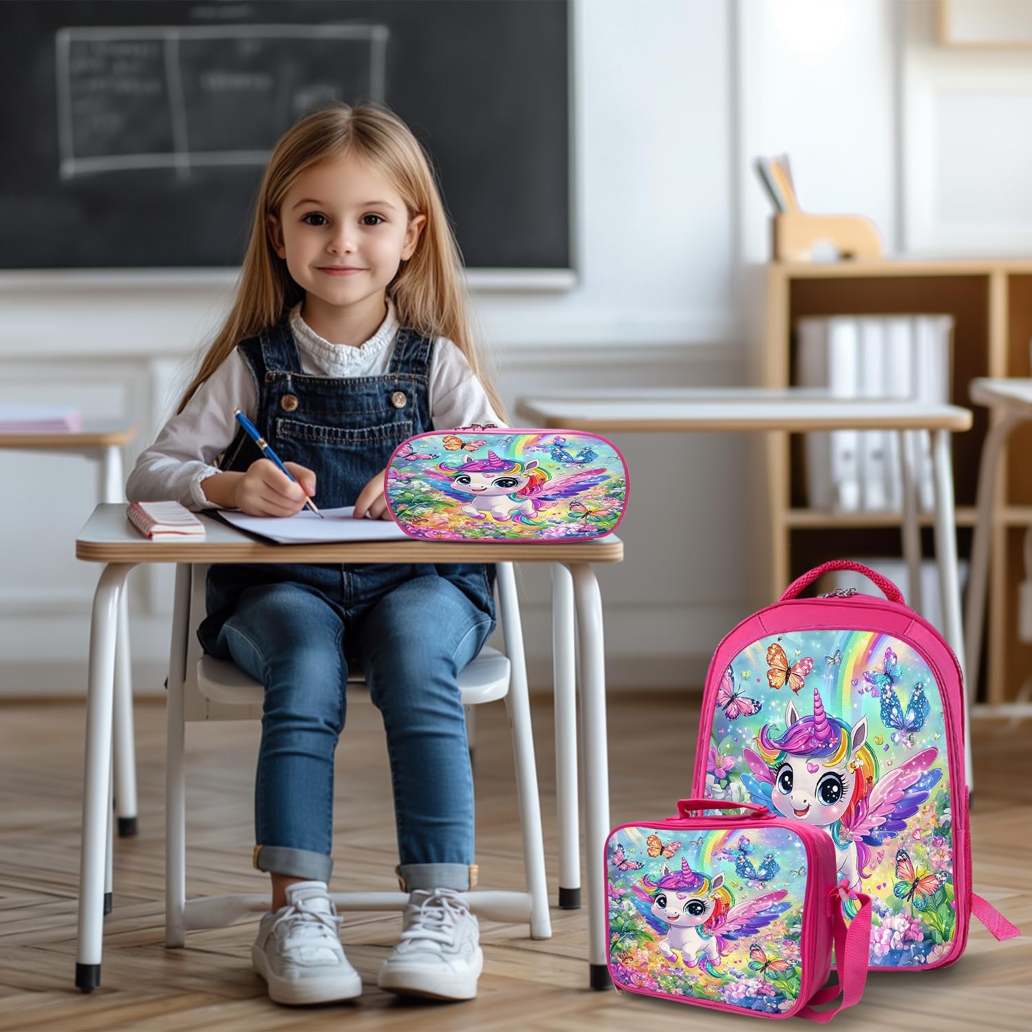 Unicorn Backpack Colorful School Bag 3PCS Backpack 16 Inch with Lunch Bag Set Lightweight for Teen Boys Girls Kids Elementary Middle School