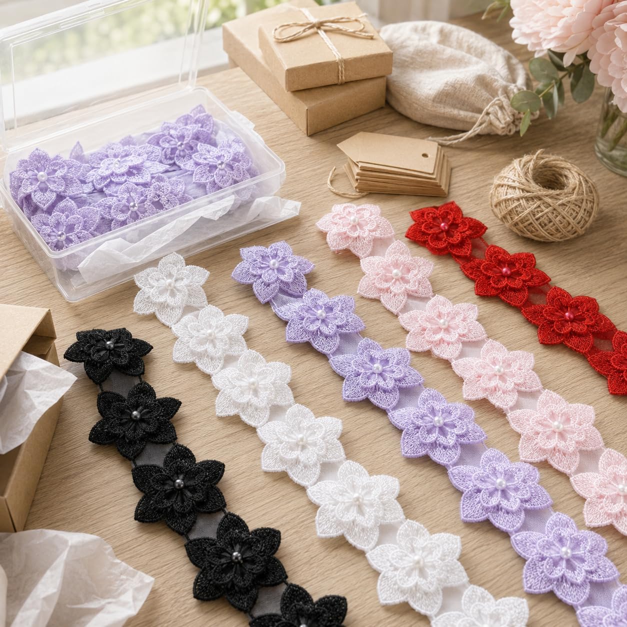 GXTIZAS Purple Floral Pearl Trim Beads Lace Applique 2 Yards