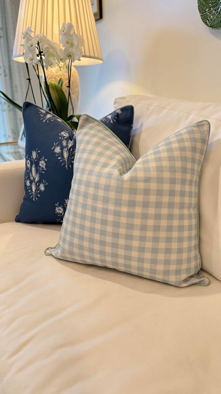 “The Charlie” Decorative Pillow Cover – Blue and White Accent Pillow Cover with Gingham-Inspired Design – Grandmillennial Home Decor, 20" x 20"
