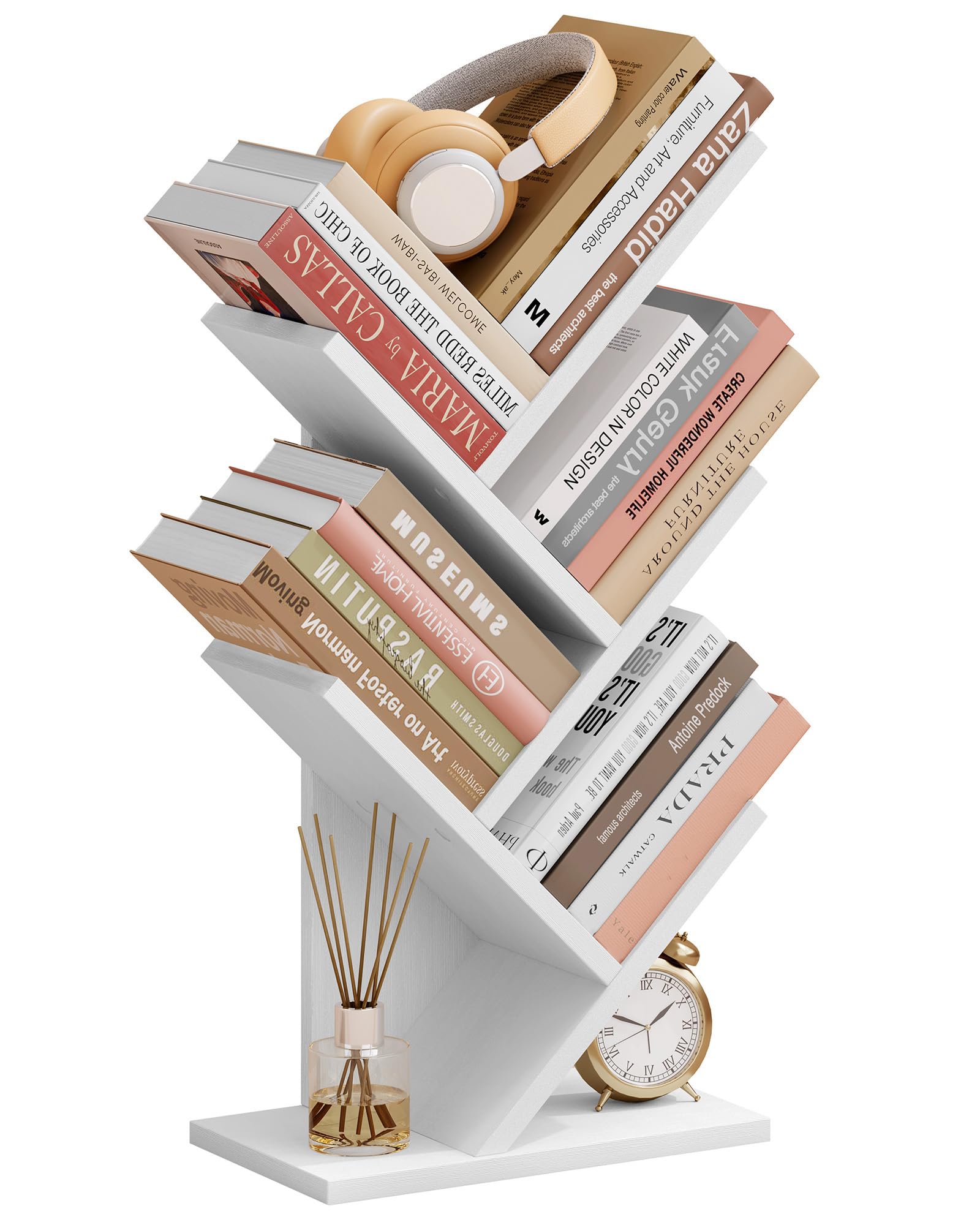 Hoctieon 4 Tier Tree Bookshelf, 4 Shelf Bookcase, Free Standing Tree Bookcase, Display Floor Standing Shelf for Books, Book Organizer Shelves for Home Office, Living Room, Bedroom, White