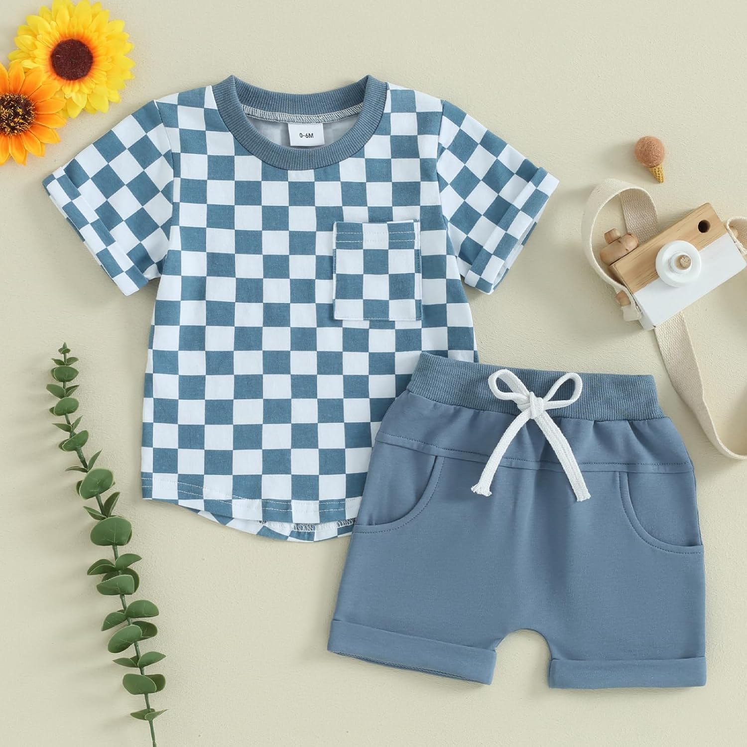 Toddler Baby Boy Girl Summer Clothes Checkerboard Print Short Sleeve T-Shirt Tee Tops Rolled Shorts Infant Outfits - Image 3