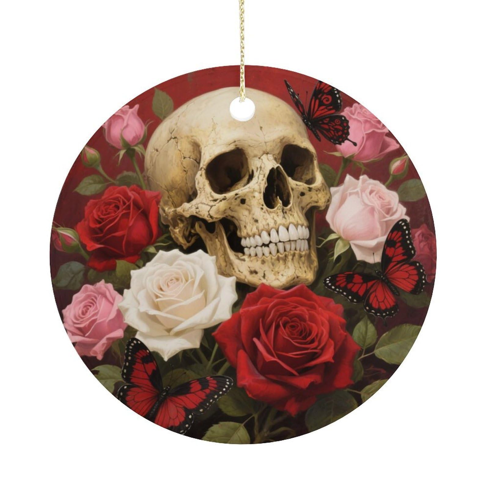 Personalized Christmas Ornaments 2025 Ceramic Hanging Vintage Rose Skull Ornaments with Gold String Double-Sided Vintage Holiday Decorations for Tree Mantel Tabletop Xmas Party Favors