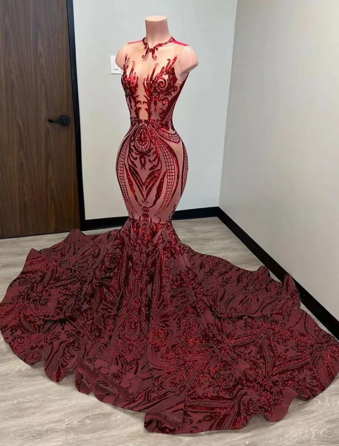 Women's V-Neck Sequined Long Train Mermaid Prom Shower Party Evening Dress Wedding Party Gown