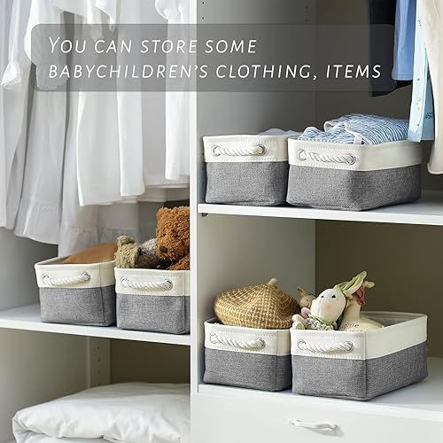 Vista 206 de Caja de almacenamiento para estantes, paquete de 6 canastas pequeñas de tela para organizar, cubos de almacenamiento plegables con asas para Blanco
