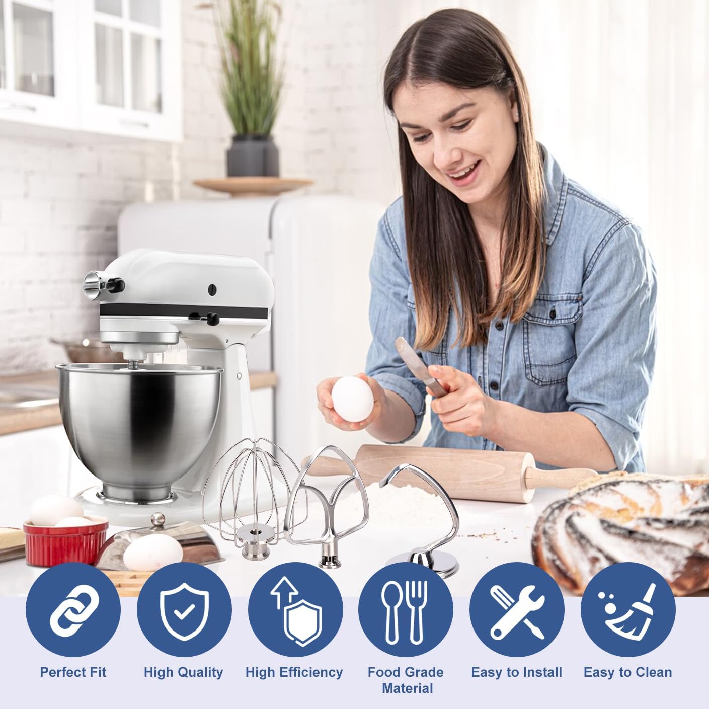 4.5-5 Qt Stand Mixer Attachments for Kitchenaid K45DH Dough Hook K45B Flat Beater K45WW Wire Whip Whisk Kitchen Aid Accessories for KitchenAid 4.5-5 Qt Tilt-Head Stand Mixers,Stainless Steel
