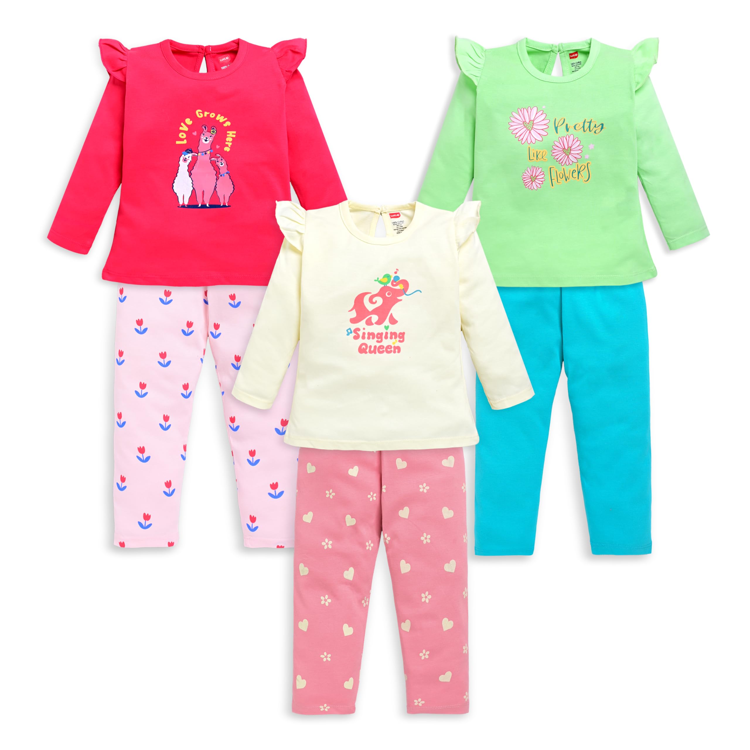 luvlap Baby Girls 100% Cotton Full Sleeve Girls Top & Pyjama CoSets Pack of 3, Coral Red, Off White & Paradise Green, XL (12 to 18 Months)-picture-23