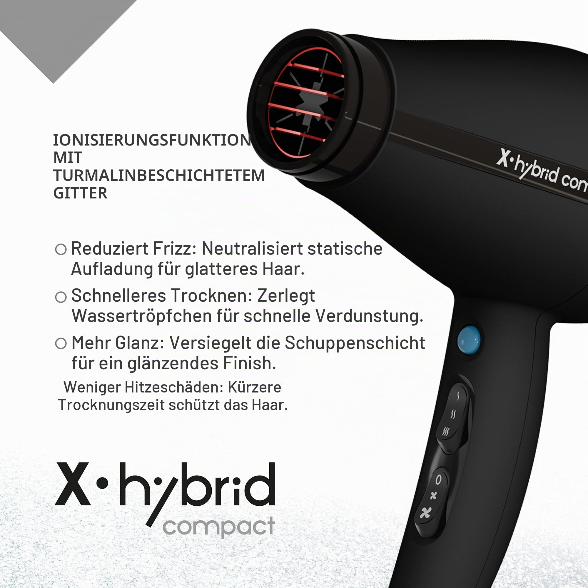 GAMMA+ Professioneller Haartrockner X-Hybrid Compact, Leichter & Kompakter Föhn mit Ionen-Technologie, Turmalinbeschichtetes Gitter, 1800–2100W (Schwarz)