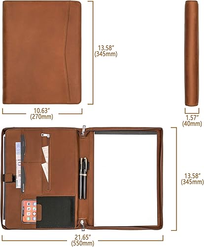Miniatura 7 de Cartera de cuero de negocios, hecha a mano, de cuero de grano completo, carpeta de documentos ejecutiva con cremallera para hombres y mujeres, funda