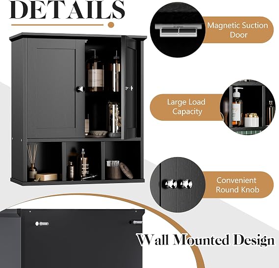 Bathroom Wall Cabinet, Bathroom Cabinet Wall Mount with 2 Doors and 3 Open Shelves, Over the Toilet Wood Medicine Cabinets for Laundry Room, Black