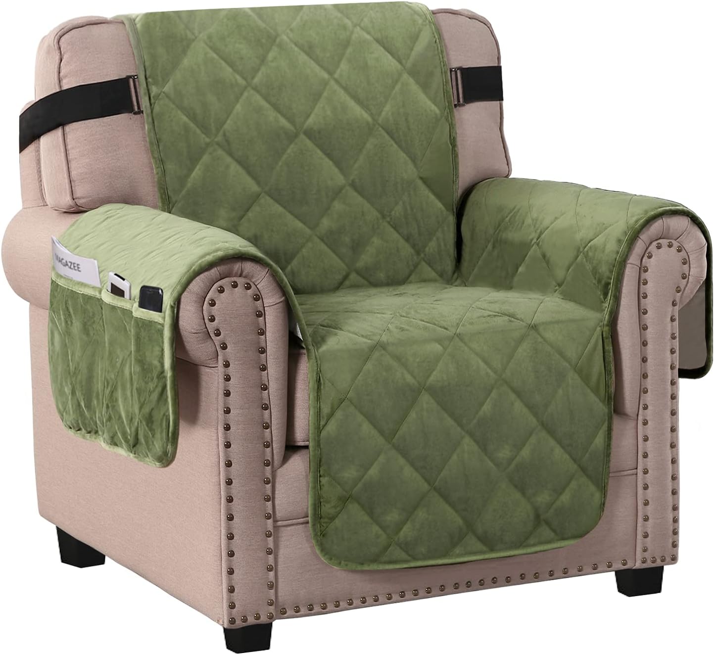 H.VERSAILTEX Thick Velvet Armchair Cover Couch Covers 1 Cushion Armchair Slipcover for Living Room Protector from Pets Dogs, Two Non-Slip Elastic Straps on Back and Base (Armchair 23", Loden)