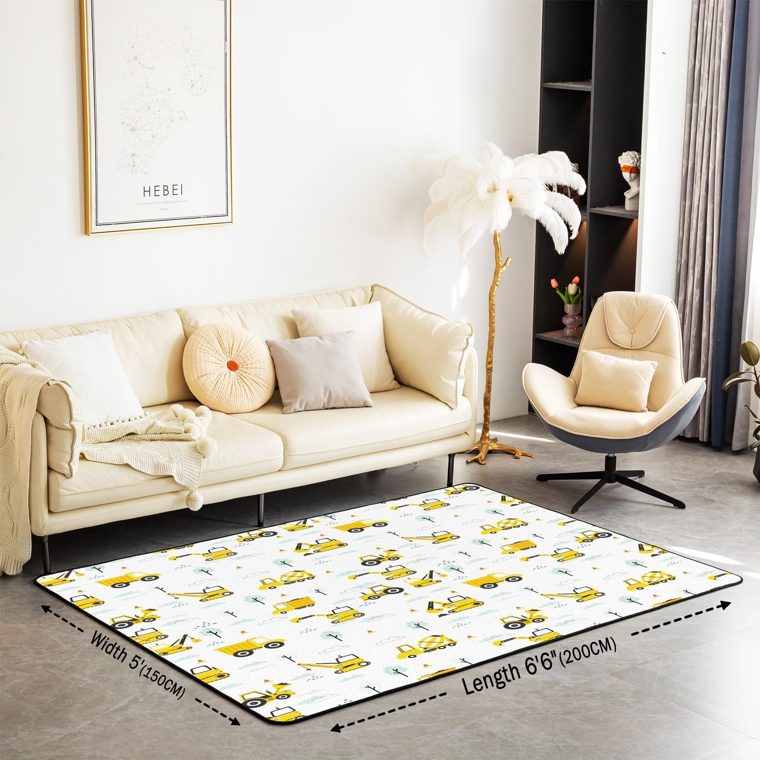 Loussiesd Tappeto da salotto per veicoli da costruzione, 150 x 200 cm, tappeto per bambini con escavatore per ragazzi, attrezzature e camion, tappetino per interni, tappeto decorativo per auto con