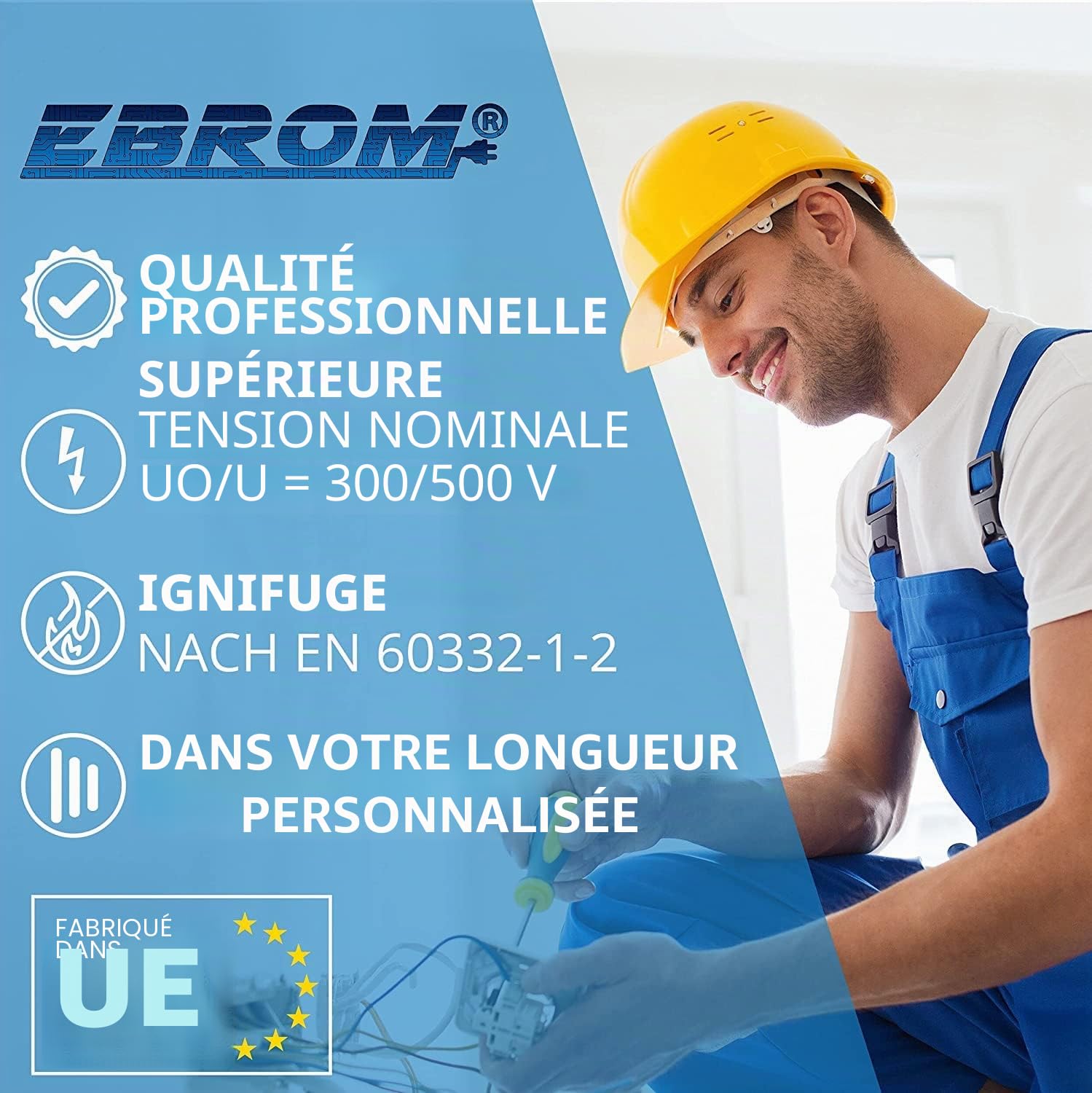 Ebrom Câble électrique sous gaine NYM-J 3 x 2,5 mm² Gris Vendu au mètre (par ex. 5 m, 10 m, 15 m, 18 m, 20 m, 25 m, 50 m, etc.)