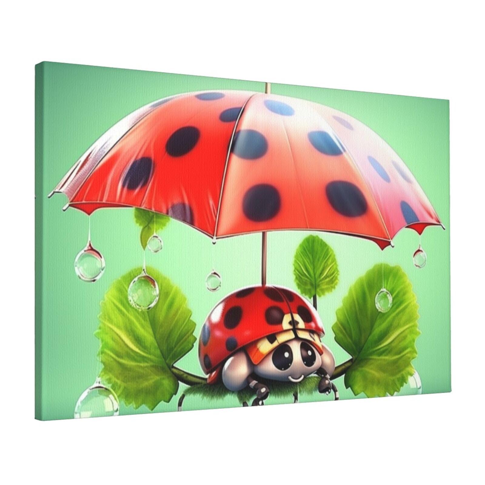 Canvas Wall Art for Living Room Wall Decor 16"x24" Modern Artwork Painting Pictures Hanging Canvas Prints Funny Ladybug Holding Umbrellas Aesthetic Wall Art for Bedroom Bathroom Office Wallart Decor