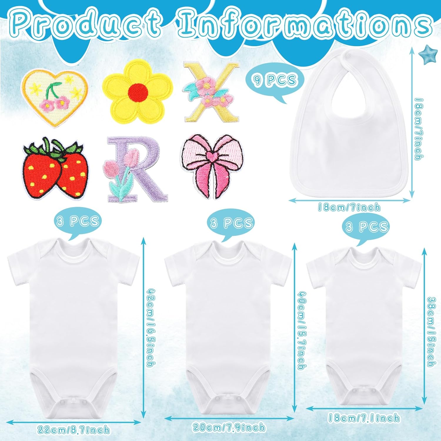 80 Pcs Baby Shower DIY Bodysuit Bibs Set Spring Iron on Transfers Cute Strawberry Bow Patches Baby Shower Decorating Kit 9 Cotton Bodysuits 9 Bibs 62 Iron on Embroidered Patches for Party Games
