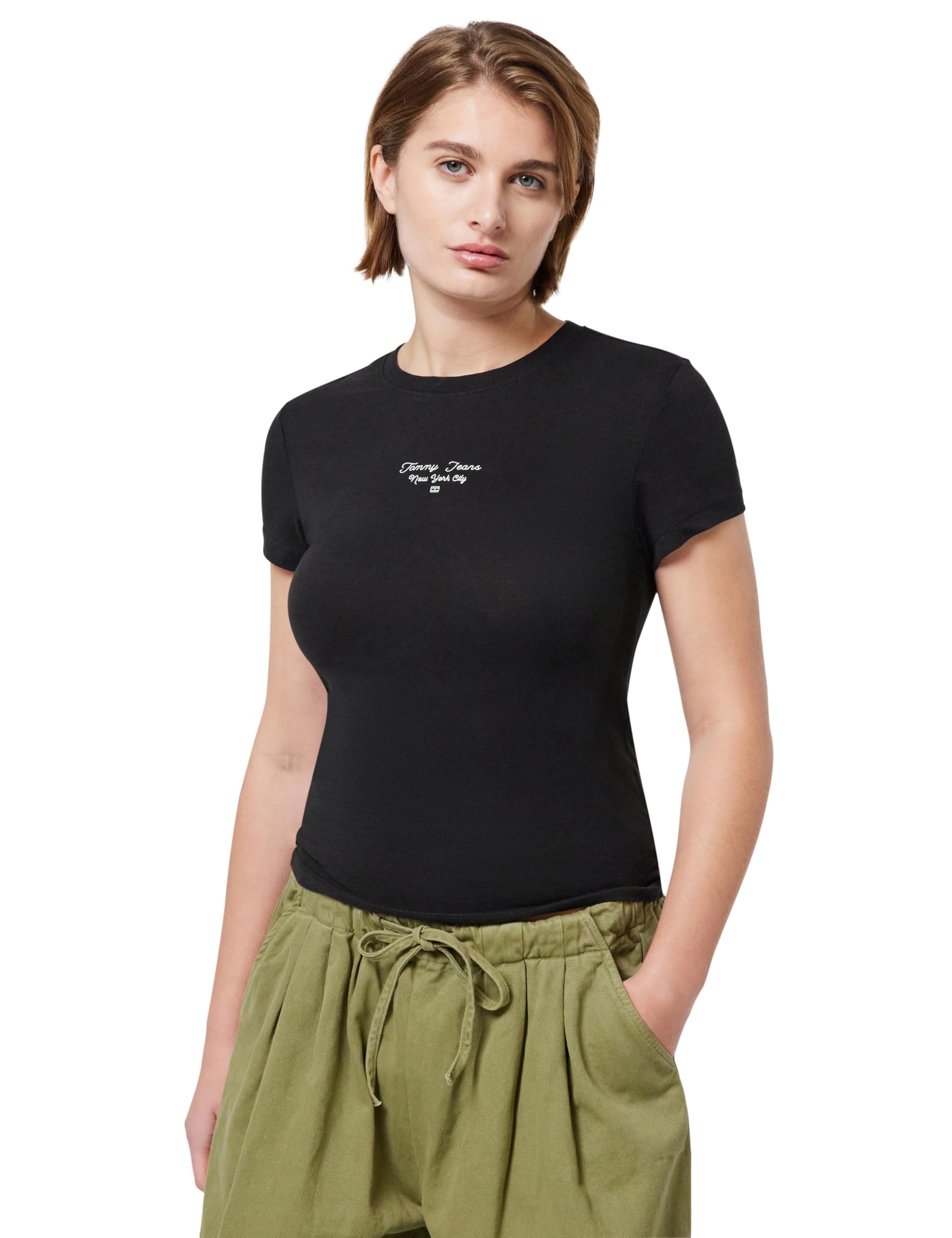 Tommy Jeans Womens Tjw Slim Ess Logo 1 Tee Ext Dw0dw21542 S/S T-Shirt, Black (Black), XL UK