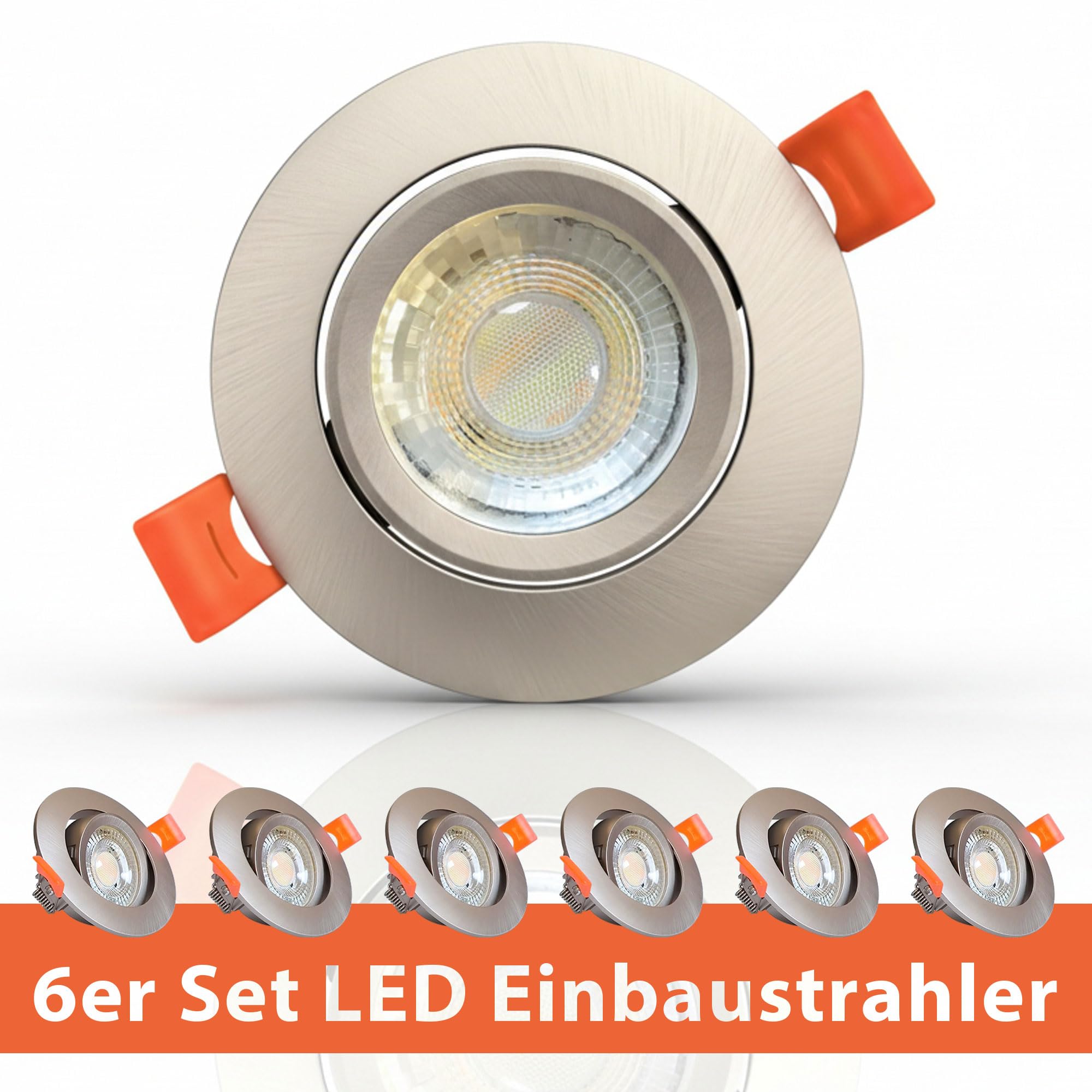 Maxkomfort 6er Set LED Einbaustrahler 230V Ultraflach, 3 Lichtfarben - 3000K/4000K/6500K, 7W Leuchtmittel austauschbar, Deckenspots IP20 silber, Einbauspots Ø85mm