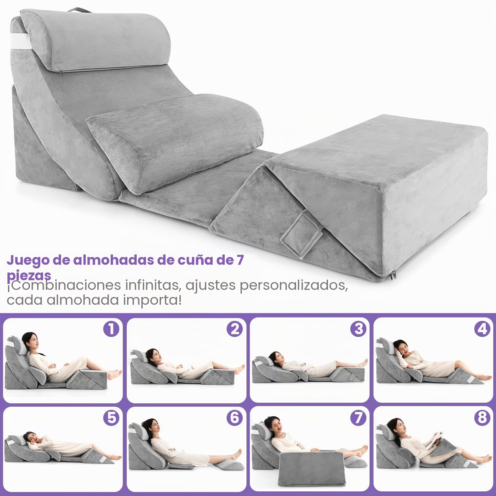 GOPLUS - Juego de 7 cojines de lectura, inclinados para aliviar el dolor, cojín de espuma con memoria de forma ajustable, con funda lavable para dormir, operación lectura(gris, juego de 7)