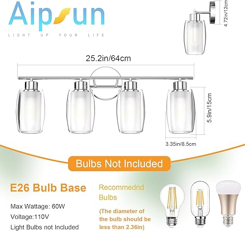 Miniatura 4 de Aipsun Lámpara de baño con 4 luces, luces cromadas arriba y abajo, modernas luces de bahthroom con vidrio transparente y vidrio esmerilado, luces
