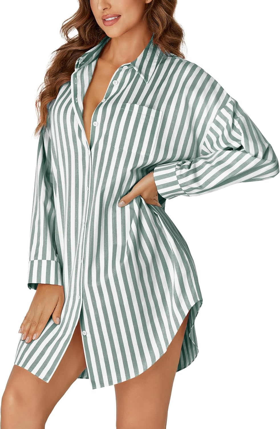LYANER Women's Striped Nightgown Collar V Neck Long Sleeve Sleep Shirts Button Down Nightshirt Nightdress - Image 3