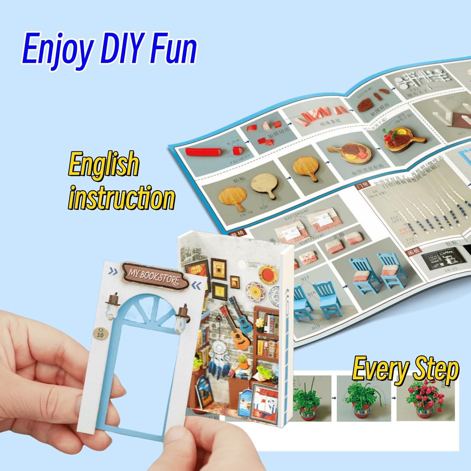 DIY Assembling Booknook Kit : World Towns and Fantasy Themes, Multicolored Lights, Beginner-Friendly, English Instructions (Sea Breeze)