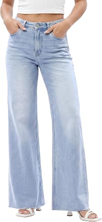 ONESO Wide Leg Jeans for Women High Waisted Stretchy Baggy Denim Pants | BBL Jeans Women Trendy, High Rise Loose Fit, Tummy Control, Butt Lifting Jeans with Pockets, Raw Hem, Casual Daily Wear