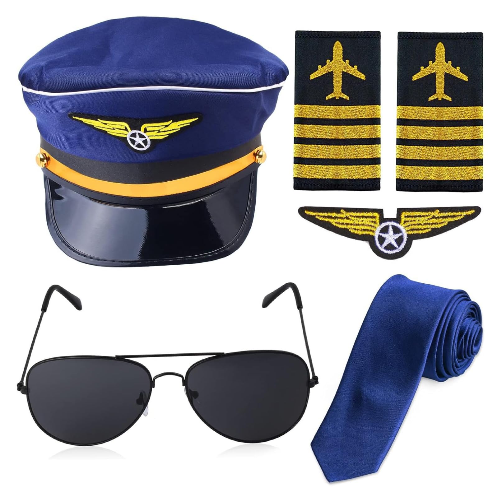 YiZYiF Mens Pilot Captain Costume Accessories Airline Pilot Hat Tie Sunglasses Badge for Halloween Cosplay