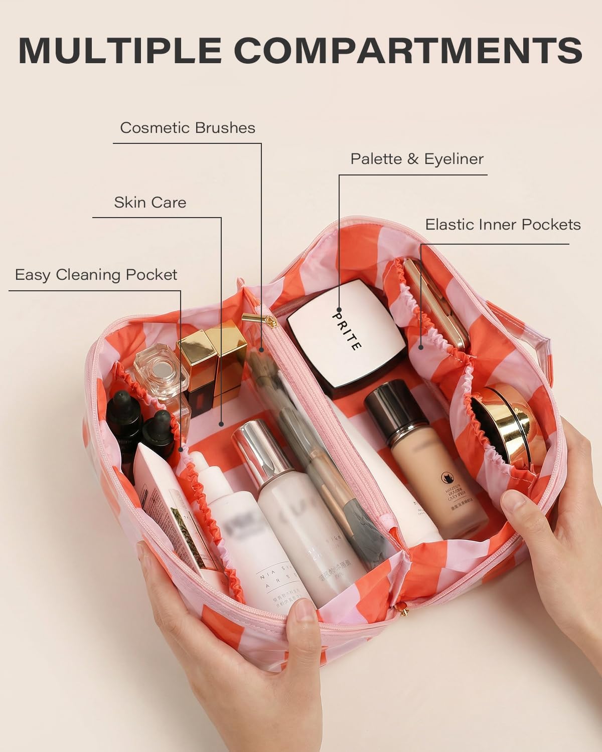 LETGO Preppy Stripe Clear Travel Makeup Bag,Waterproof Sunscreen Bag Clear Makeup Toiletry Pouch Beach Vacation Essentials for Women Teen Girls Trip Gifts Summer Pool Travel Accessories(Orange White)