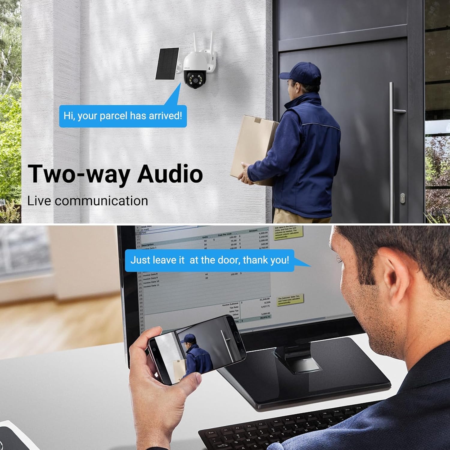 Person receiving a package and another person communicating via two-way audio on a smartphone