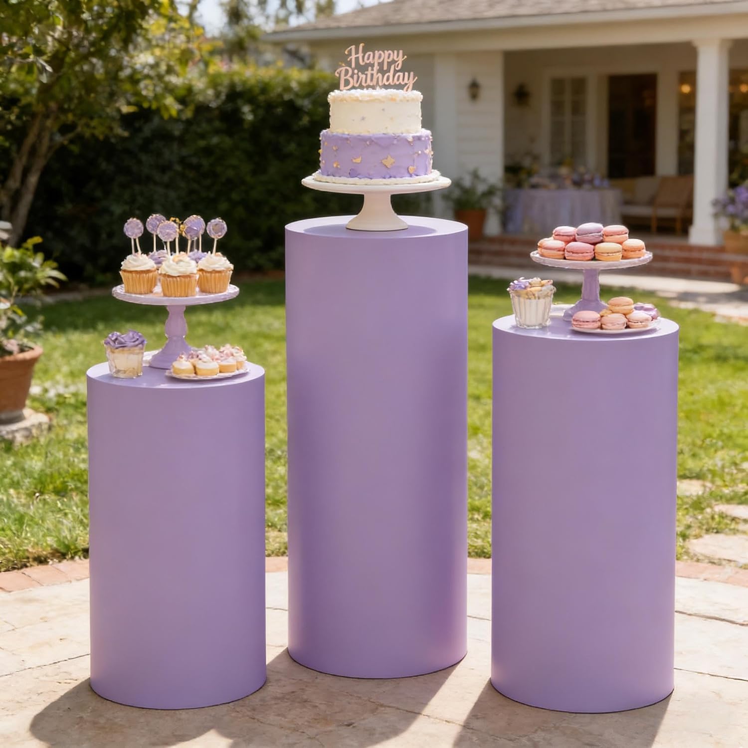 Cylinder Covers Purple Set of 3 Cake Stand Cover Spandex Cylinder Pedestal Stand Covers Lavender Pillar Covers for Pedestal Stand for Baby Shower Birthday Party Décor (Not Included Stands)