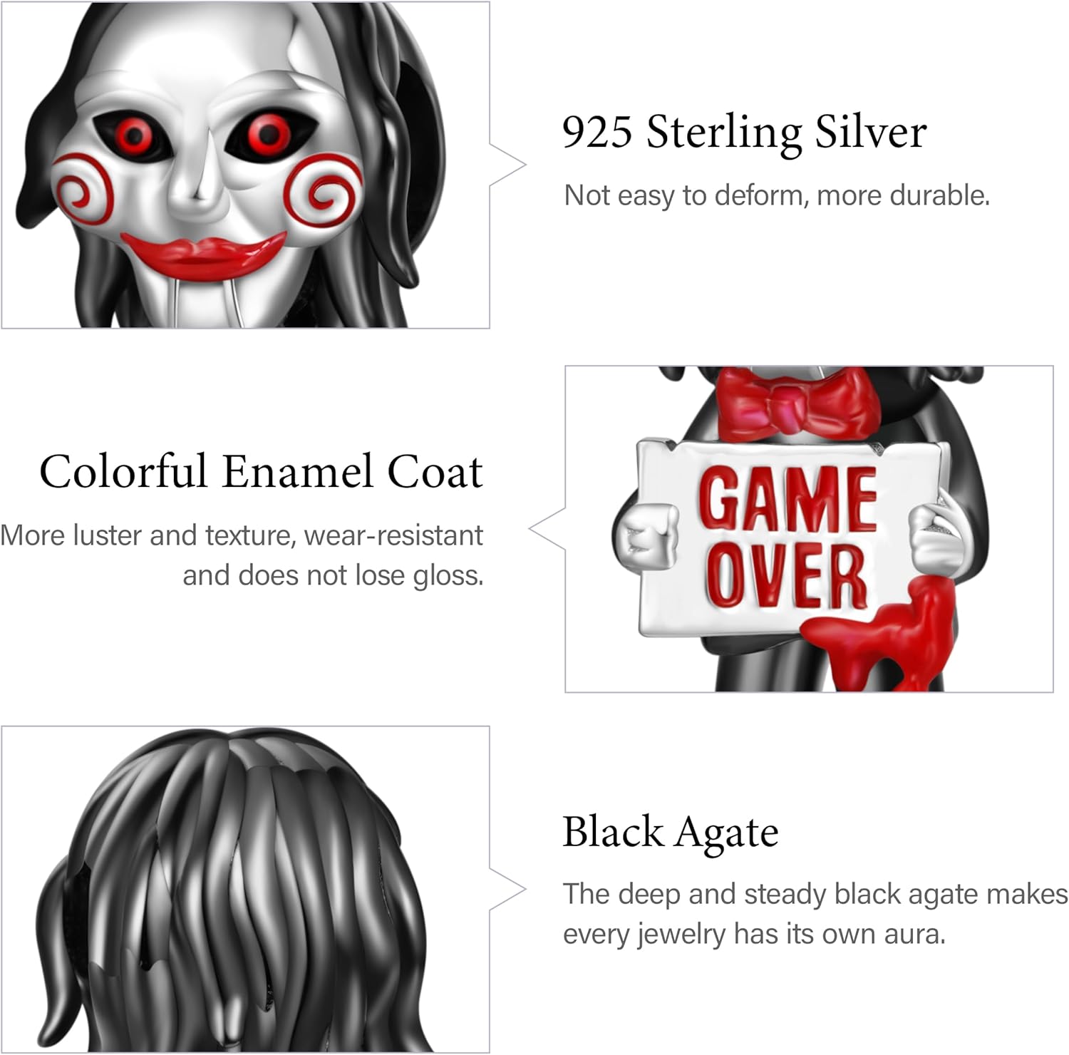 GNOCE 'GAME OVER' Horror Saw JigSaw Billy the Puppet Scary Charm for Her, S925 Sterling Silver Bead Charm for Women Wife, Halloween, Mother’s Day Jewelry Gift