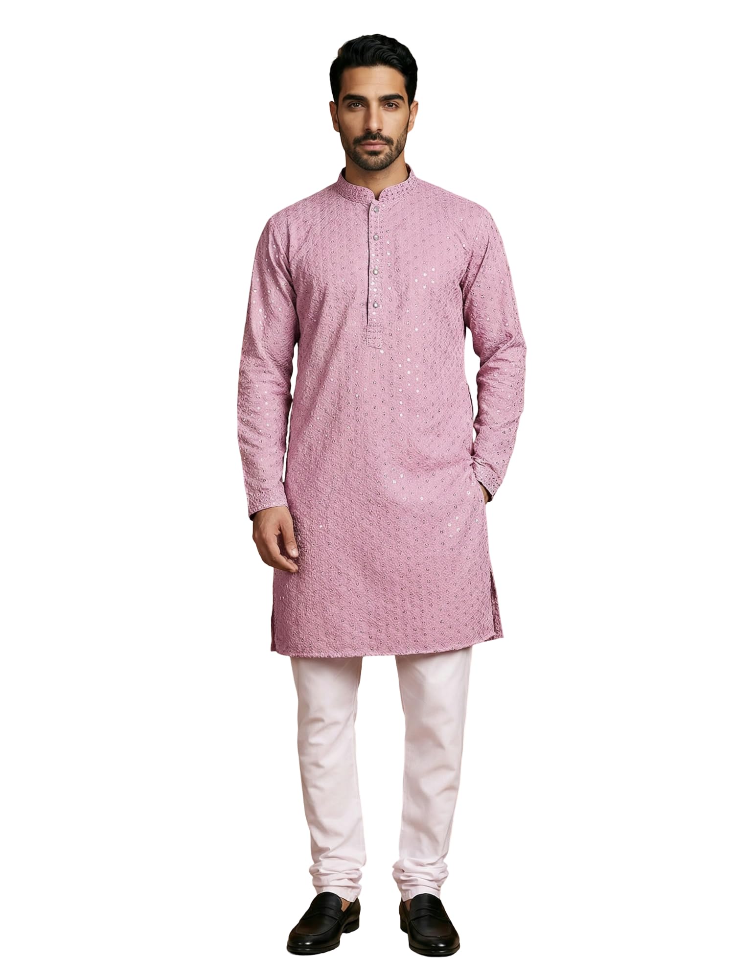 amazon brand - tavasya Men Chikankari Embroidered and Sequence Regular Fit Kurtas | Ethnic Wear | Festive |Cotton Blend | Knee Length-picture-32