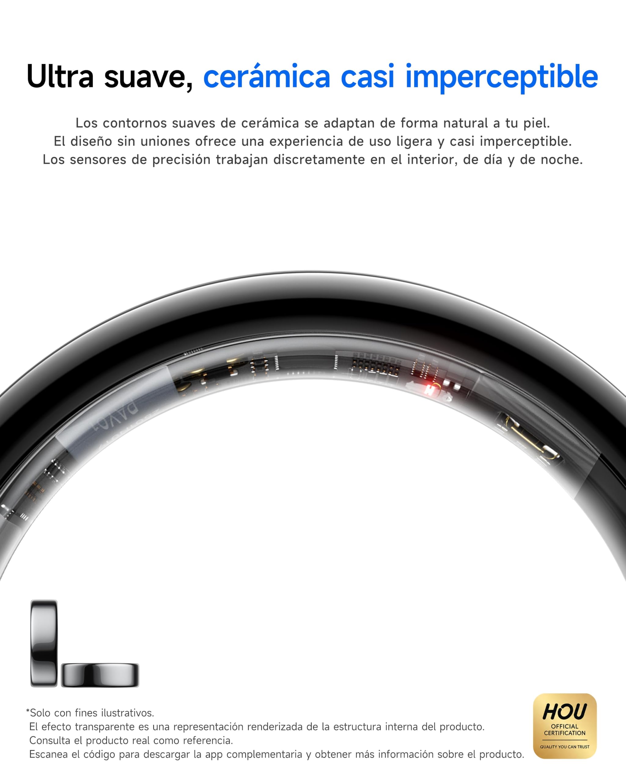 HOU Anillo Inteligente, Sin Suscripción, Cerámica Negra, Talla 10 | Monitor de Sueño y SpO2丨Frecuencia Cardíaca丨Resistente al agua IP68丨Batería de hasta 30 días丨Más de 100 modos deportivos