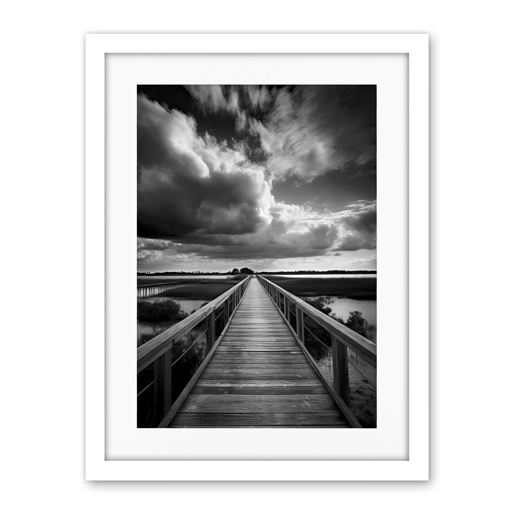 Artery8 Wooden Bridge River Landscape Black and White Artwork Framed Wall Art Print 18X24 Inch
