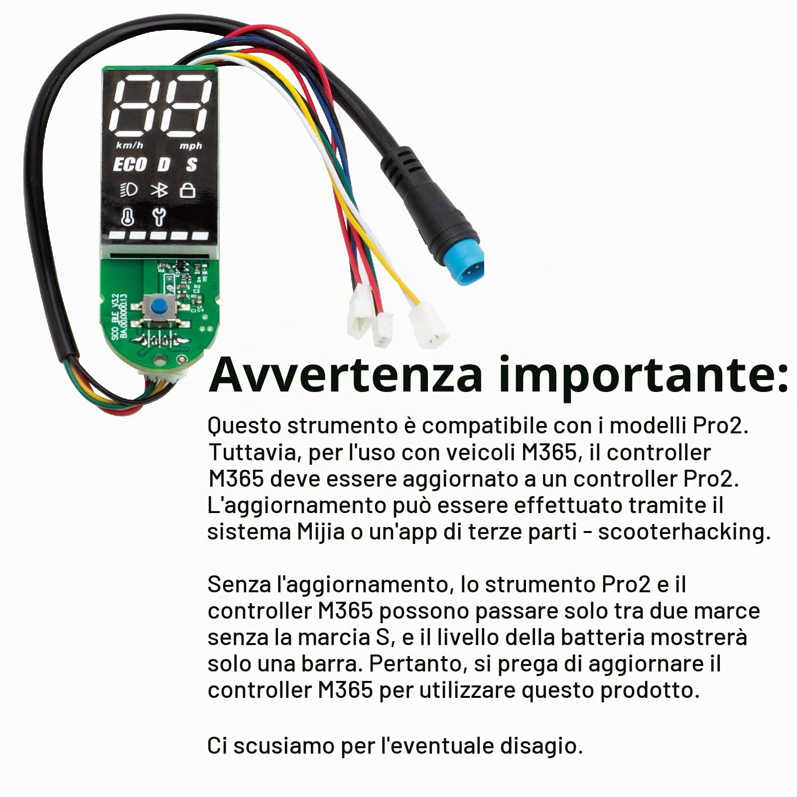 Cruscotto per Scooter con Bluetooth V2.0 Cruscotto con 3 Cavi Compatibile con Scooter Elettrico Xiaomi M365Pro Pro2 - Versione Universale