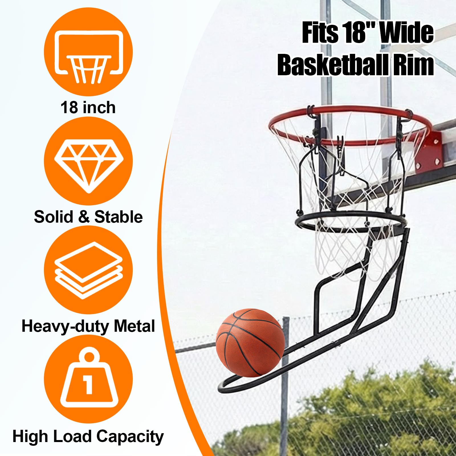 Attacco di ritorno per pallacanestro, girevole a 180°, supporto per palo in metallo resistente con 3 grandi ganci stabili, accessori per allenamento da basket da 45,7 cm, per allenamento all'aperto e