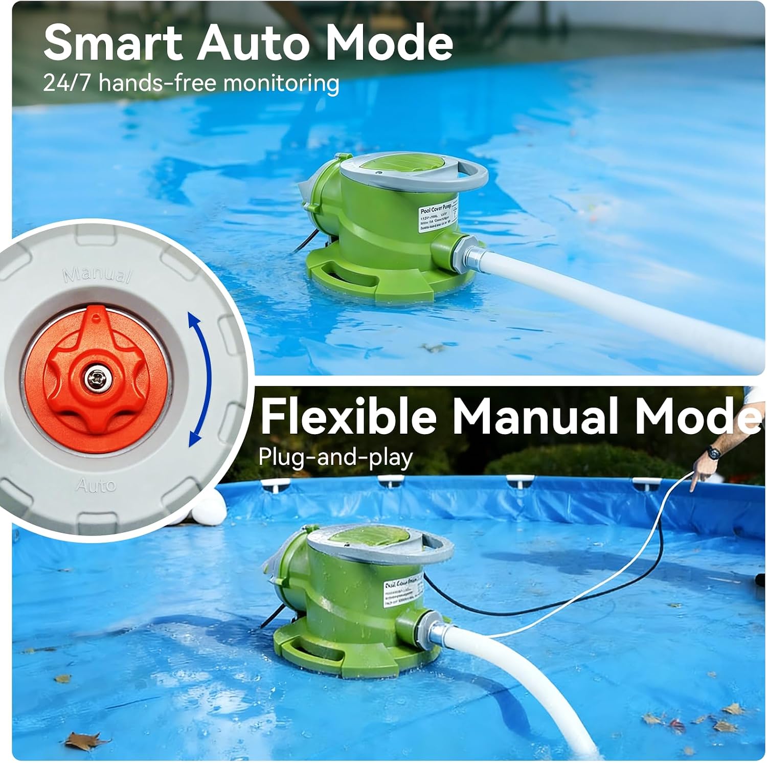 1/4 HP Automatic Swimming Pool Cover Pump,1800 GPH 25FT Head Submersible Sump Pump with 3/4” Check Valve Adapter, 25FT Power Cord, Automatic On/Off Water Removal for Pool, Rooftops, Basement