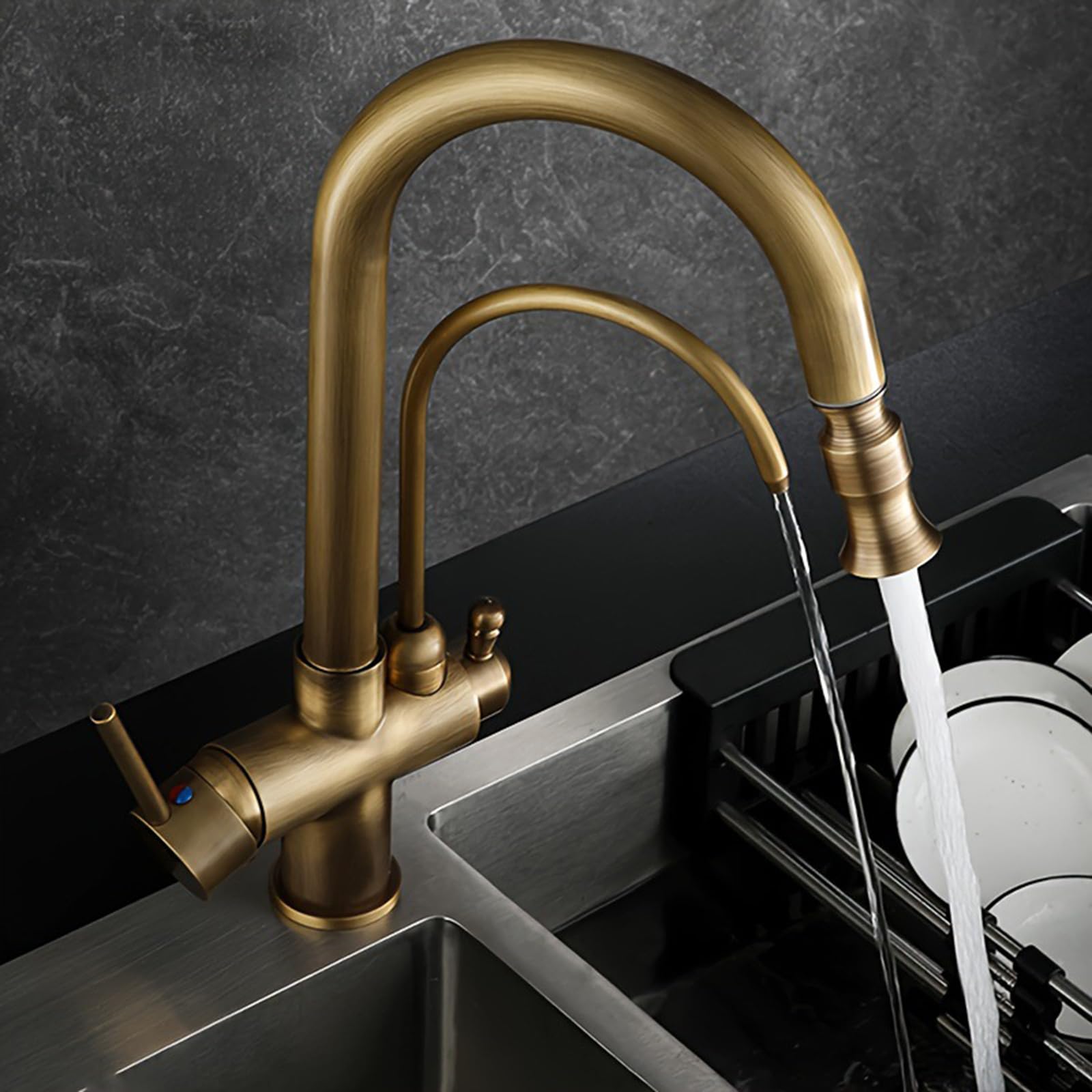 Grifo de Cocina Osmosis 3 Vias Extraible Latón Grifo Osmosis 3 Vias Giratorio 2 Asas-Antigüedad