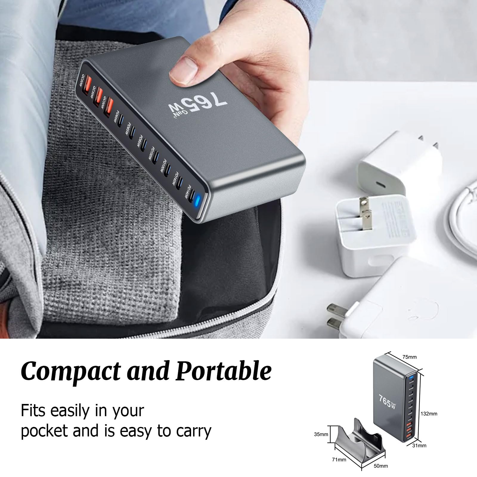 Caricatore USB C da 765 W, max. PD140 W, 10 porte, caricatore rapido, Gan 3, con 7 porte USB C + 3 porte USB A per MacBook Air, iPad, Phone 17/16/15 Pro Max 14, Galaxy S22 S20