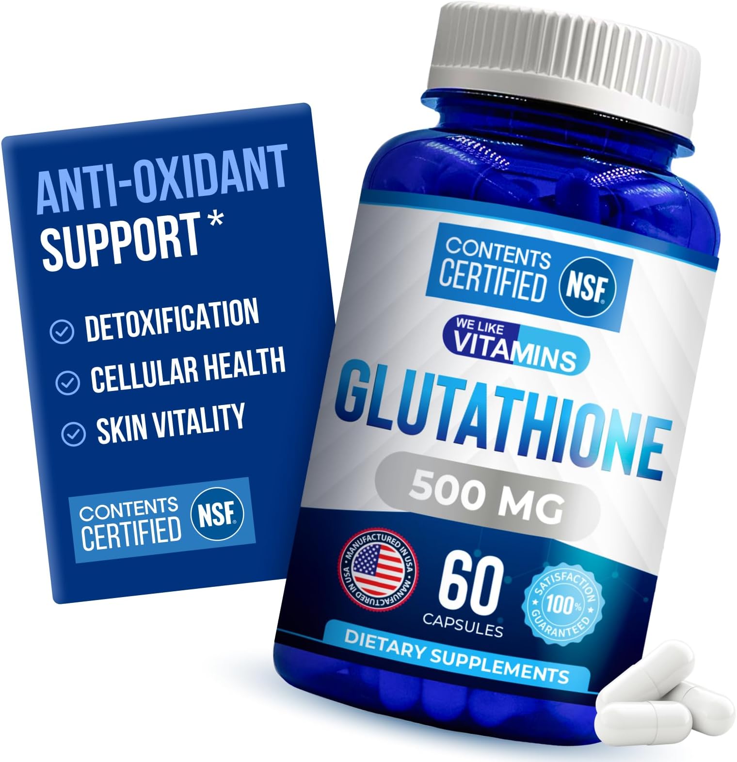 We Like Vitamins NSF Certified Glutathione Supplement 500mg - 60 Capsules of Reduced L-Glutathione for Antioxidant & Immune Support - Manufactured in USA