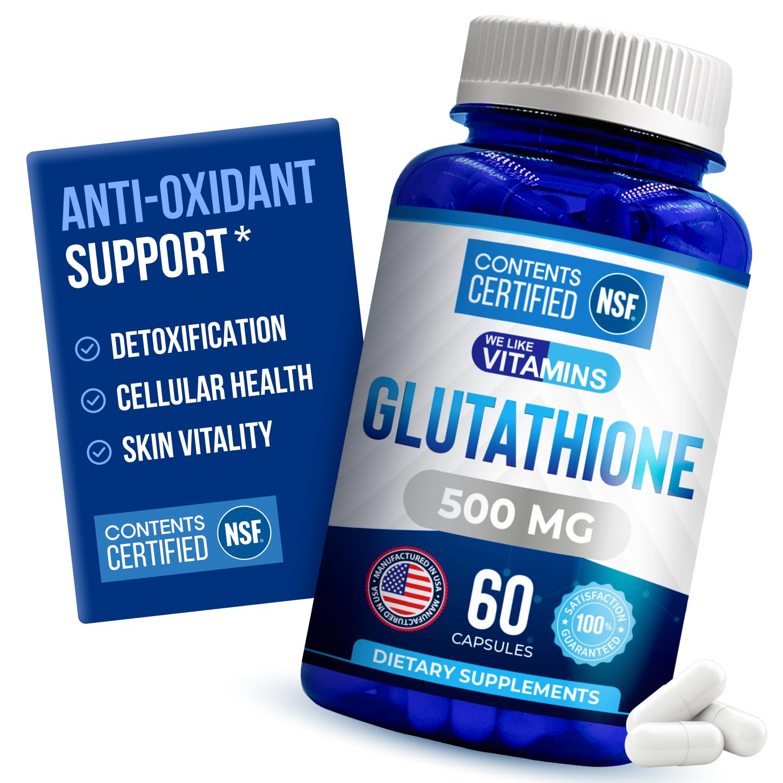We Like Vitamins NSF Certified Glutathione Supplement 500mg - 60 Capsules of Reduced L-Glutathione for Antioxidant & Immune Support - Manufactured in USA